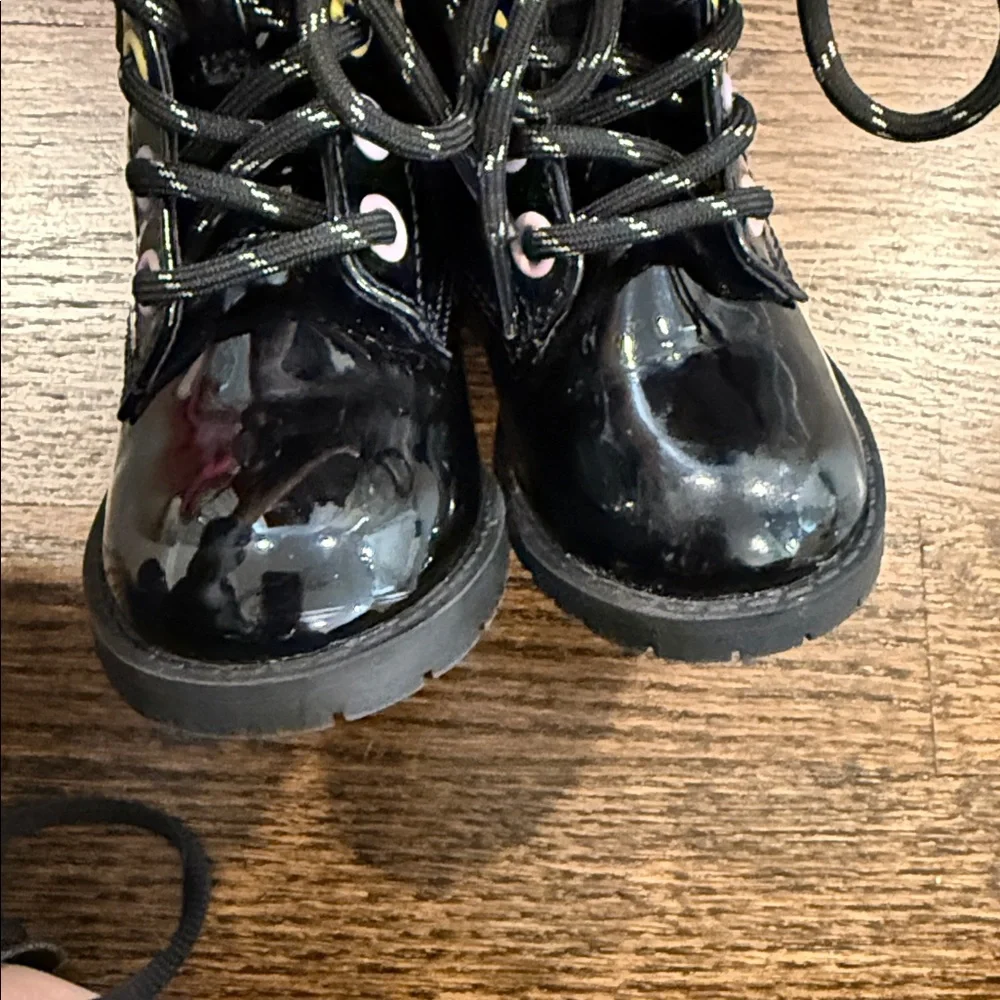 Black Patent Leather Kids Boots with Rainbow Detail